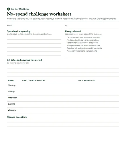 Preview of the first page: No-spend challenge worksheet