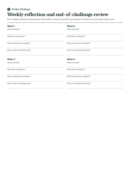 Preview of the first page: Weekly reflection and end-of-challenge review