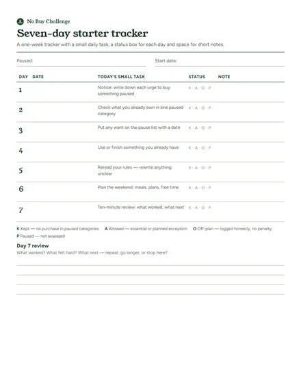 Preview of the first page: Seven-day starter tracker