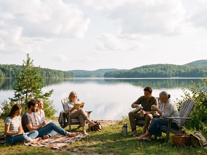 Friends relaxing by a quiet lake in the afternoon: one reads in a wooden chair, two pour tea from a thermos, others write and talk on a picnic blanket.