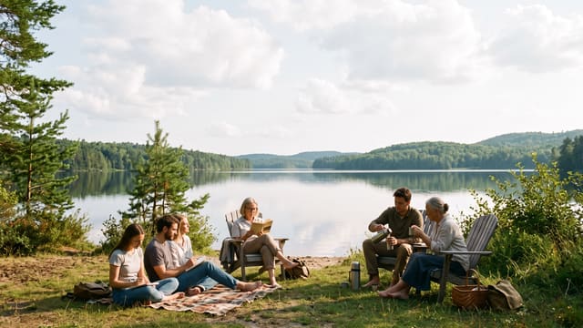 Friends relaxing by a quiet lake on a summer afternoon.