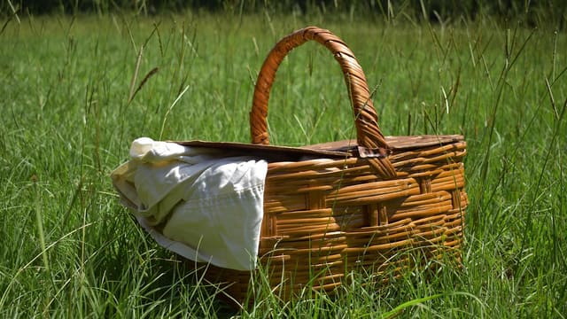 A wicker picnic basket on green grass.