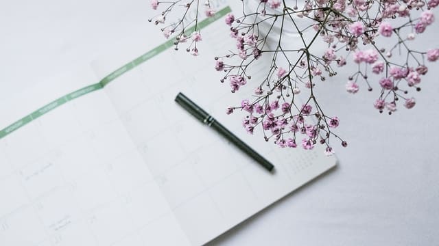 An open notebook with a pen and a sprig of small pink flowers.